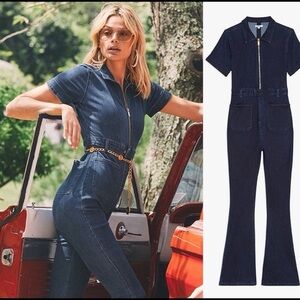 We Wore What Flare Denim Jumpsuit Medium Retro 70’s Fashion Boho Zip Up